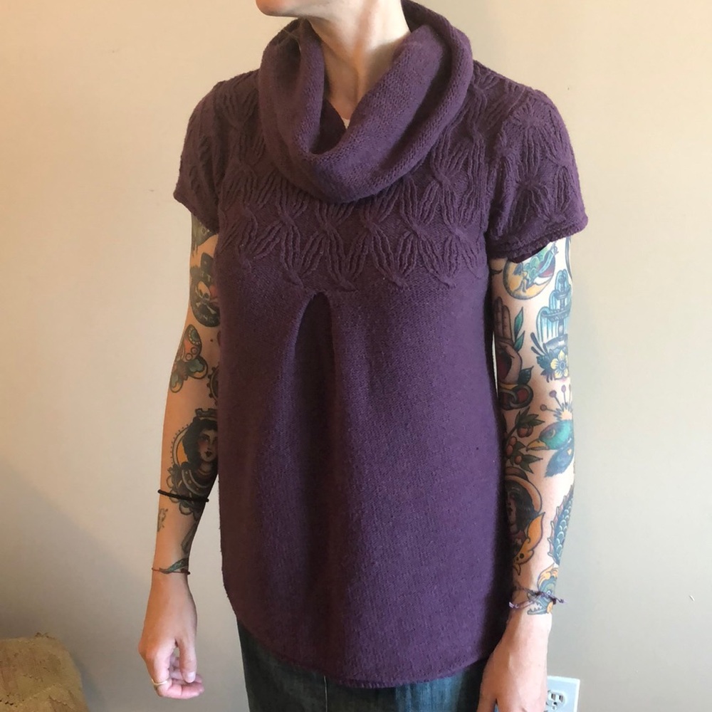 Cowl neck wool blend short sleeve sweater